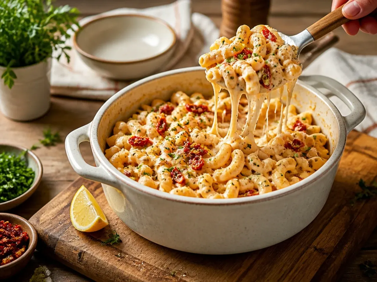Baking dish of sun-dried tomato mac and cheese with a golden breadcrumb crust.