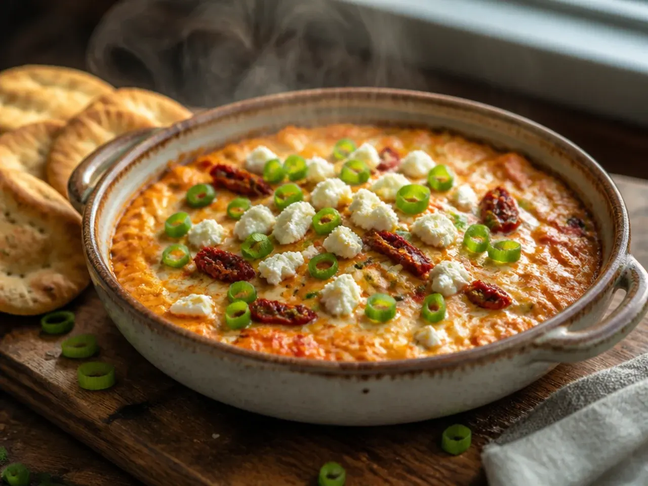 Bowl of sun-dried tomato and feta dip with breadsticks arranged around the edge.