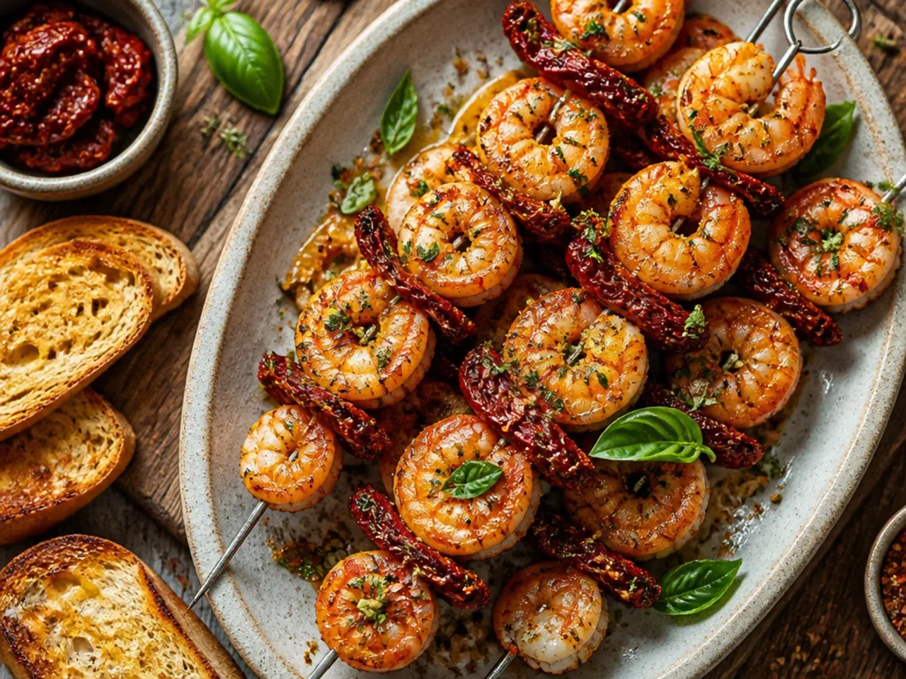Skewers of grilled prawns with sun-dried tomato marinade, charred at the edges.