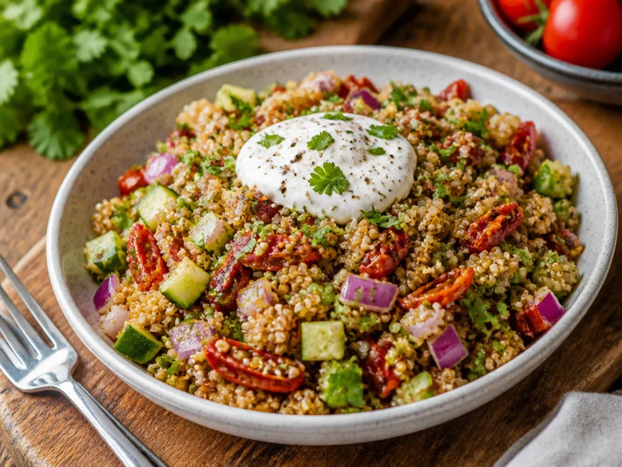 Bowl of quinoa salad with sun-dried tomatoes, cucumber, and crumbled feta.