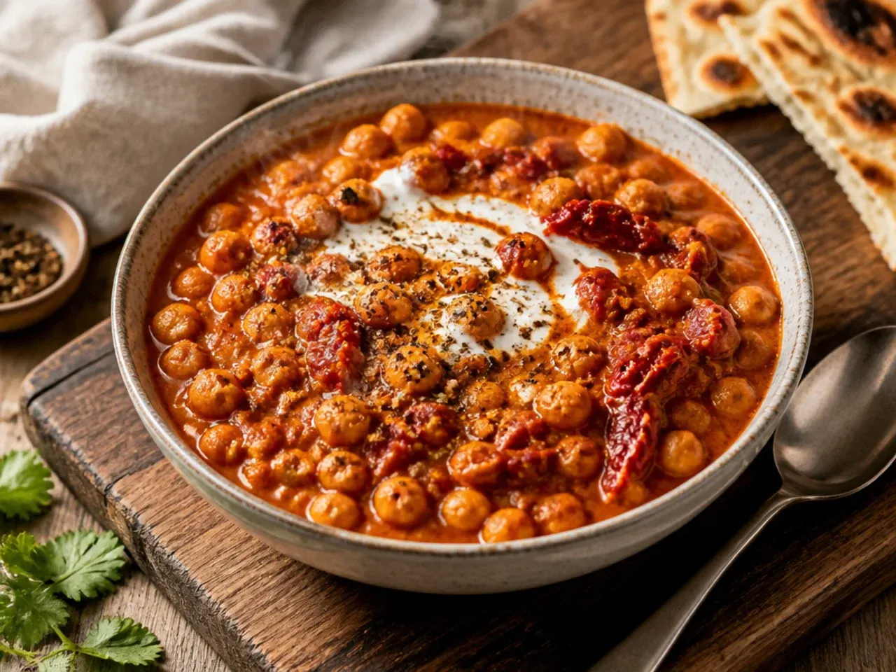Pot of chickpea and sun-dried tomato curry with steam rising, ready to serve.