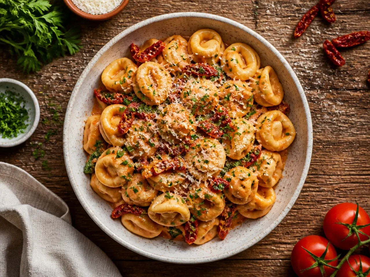 Plate of cheese tortellini in sun-dried tomato cream sauce, topped with parsley.
