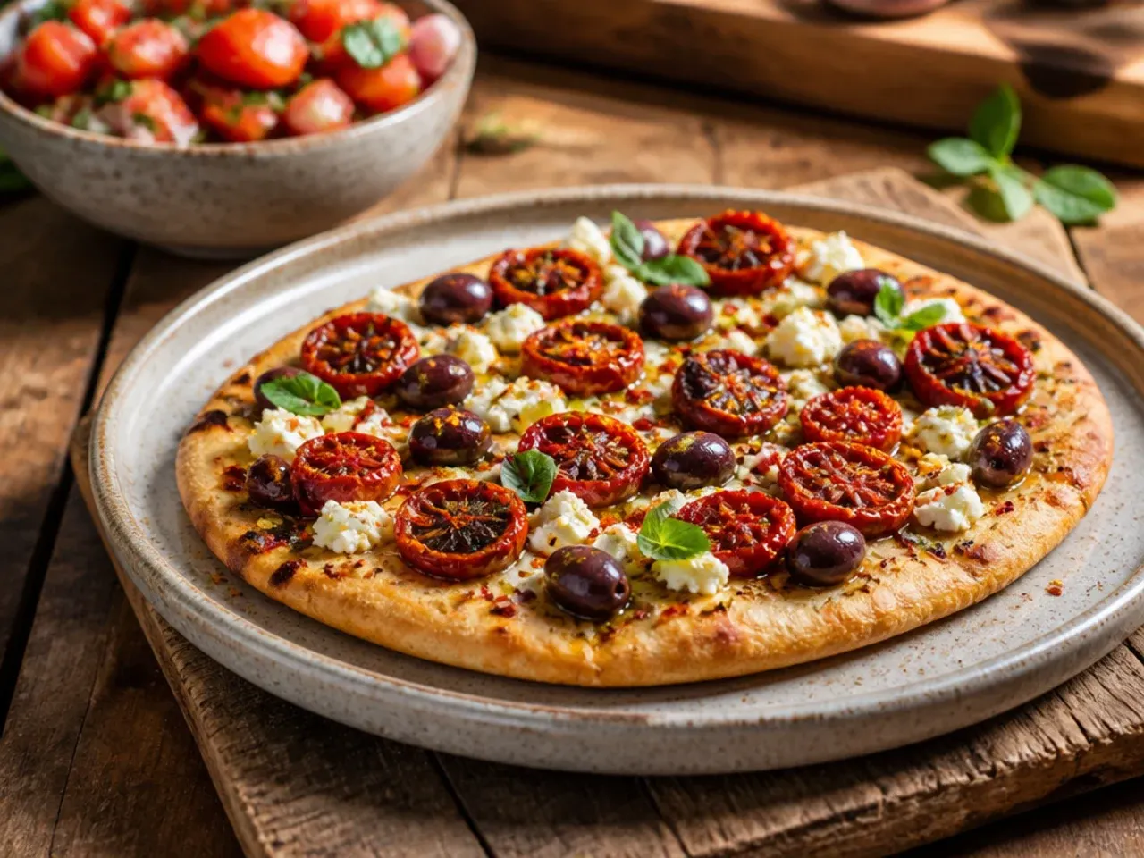 Rustic flatbread topped with sun-dried tomatoes, olives, and feta, sliced for sharing.
