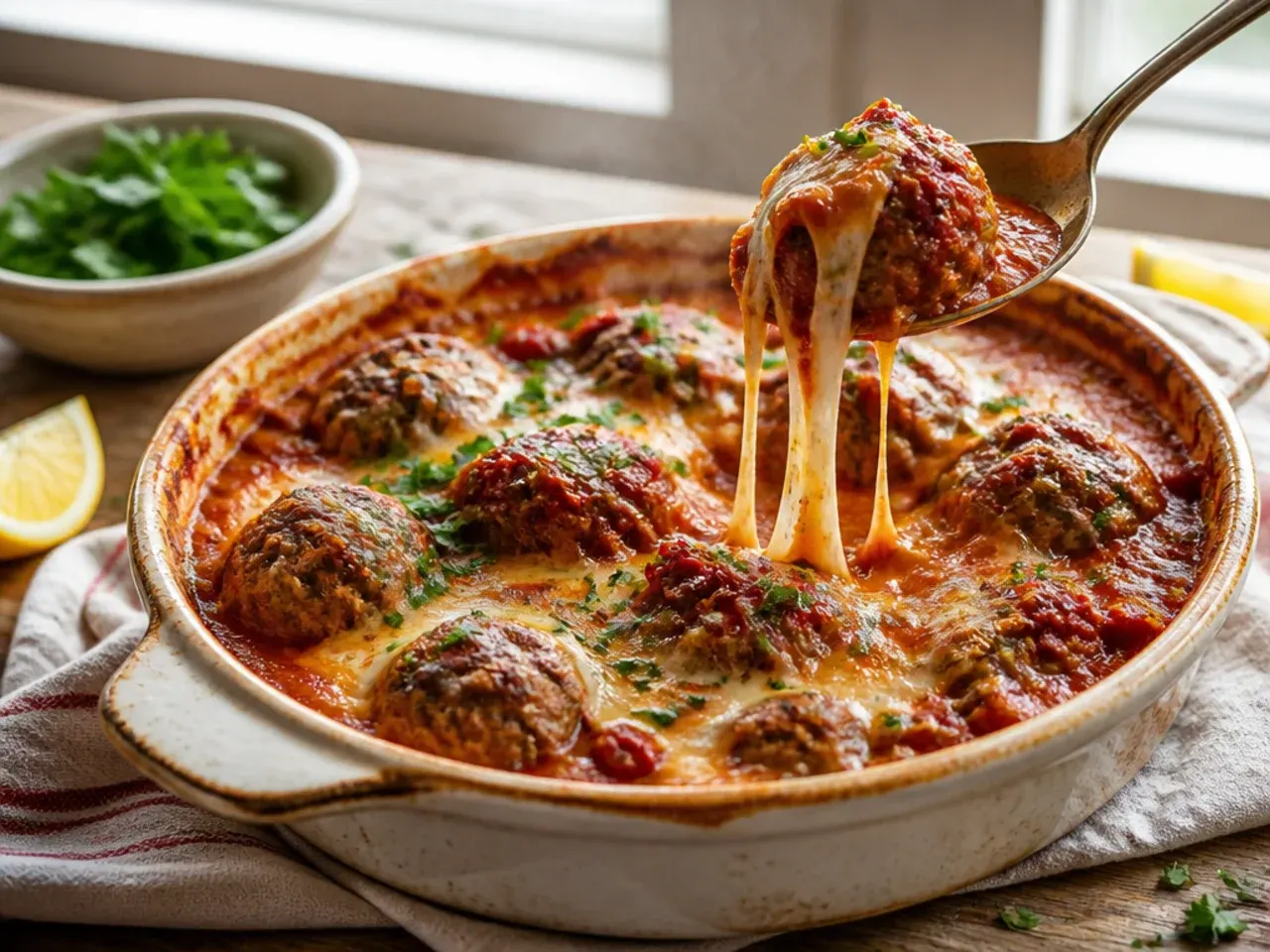 Baking tray of sun-dried tomato meatballs coated in tomato sauce, ready to serve.