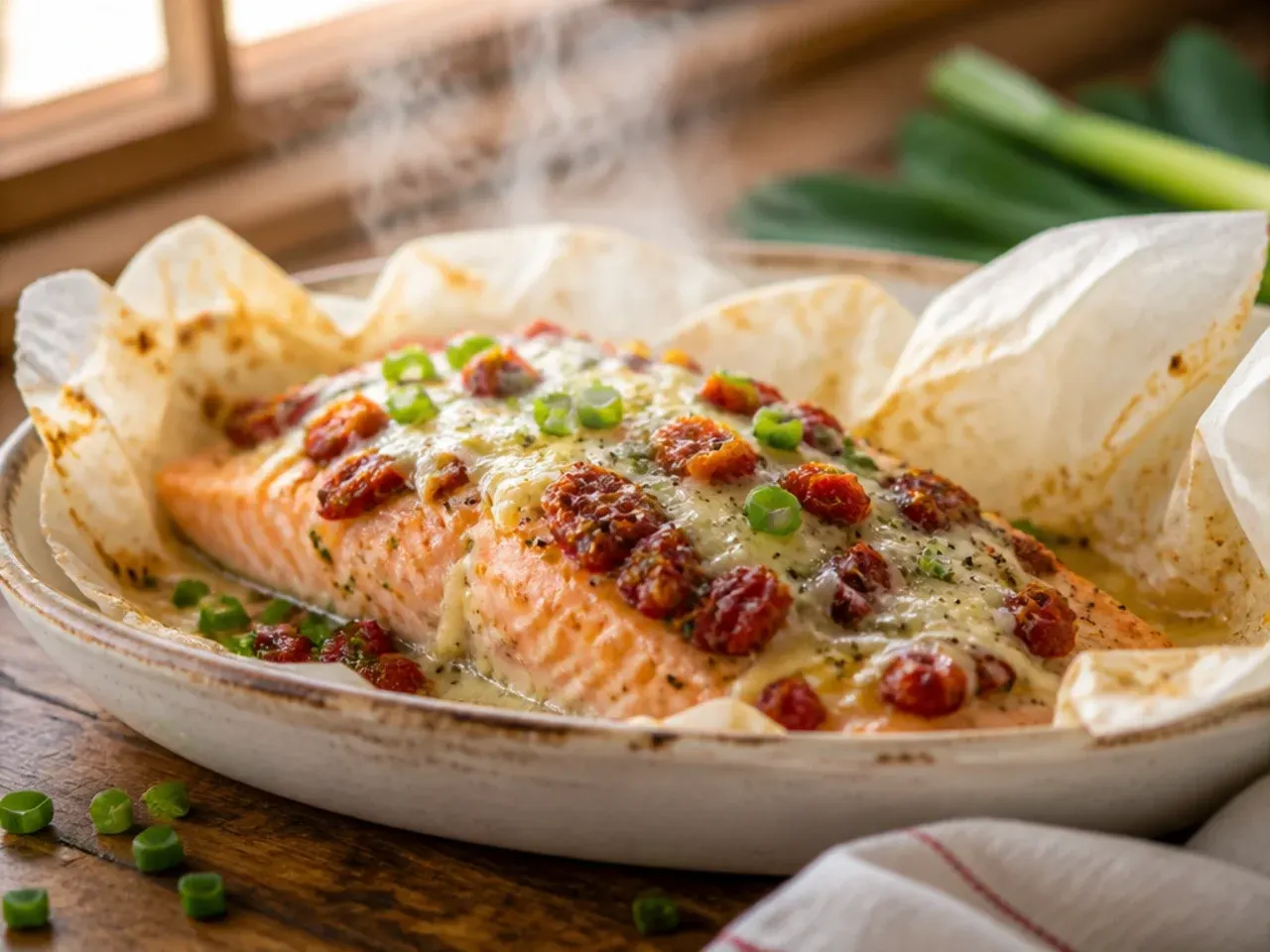 Opened parchment parcel revealing baked salmon topped with sun-dried tomatoes and capers.