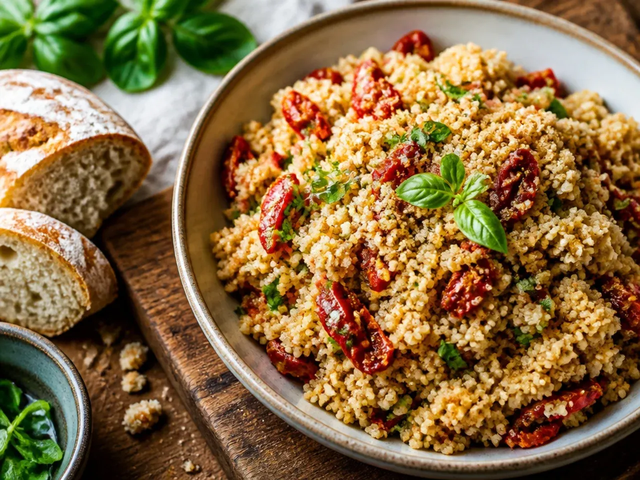 Bowl of fluffy couscous studded with chopped sun-dried tomatoes and parsley.
