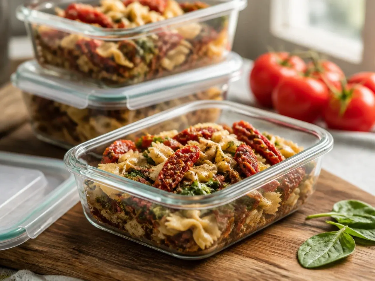 Airtight containers of leftover sun-dried tomato chicken and pasta stacked in a fridge.