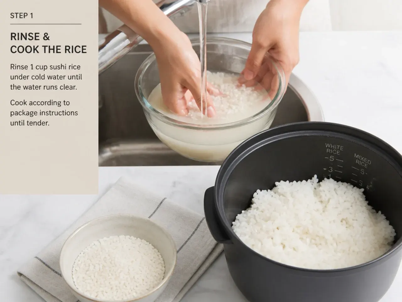 sushi bowl how to — step 1: rinse and cook the rice