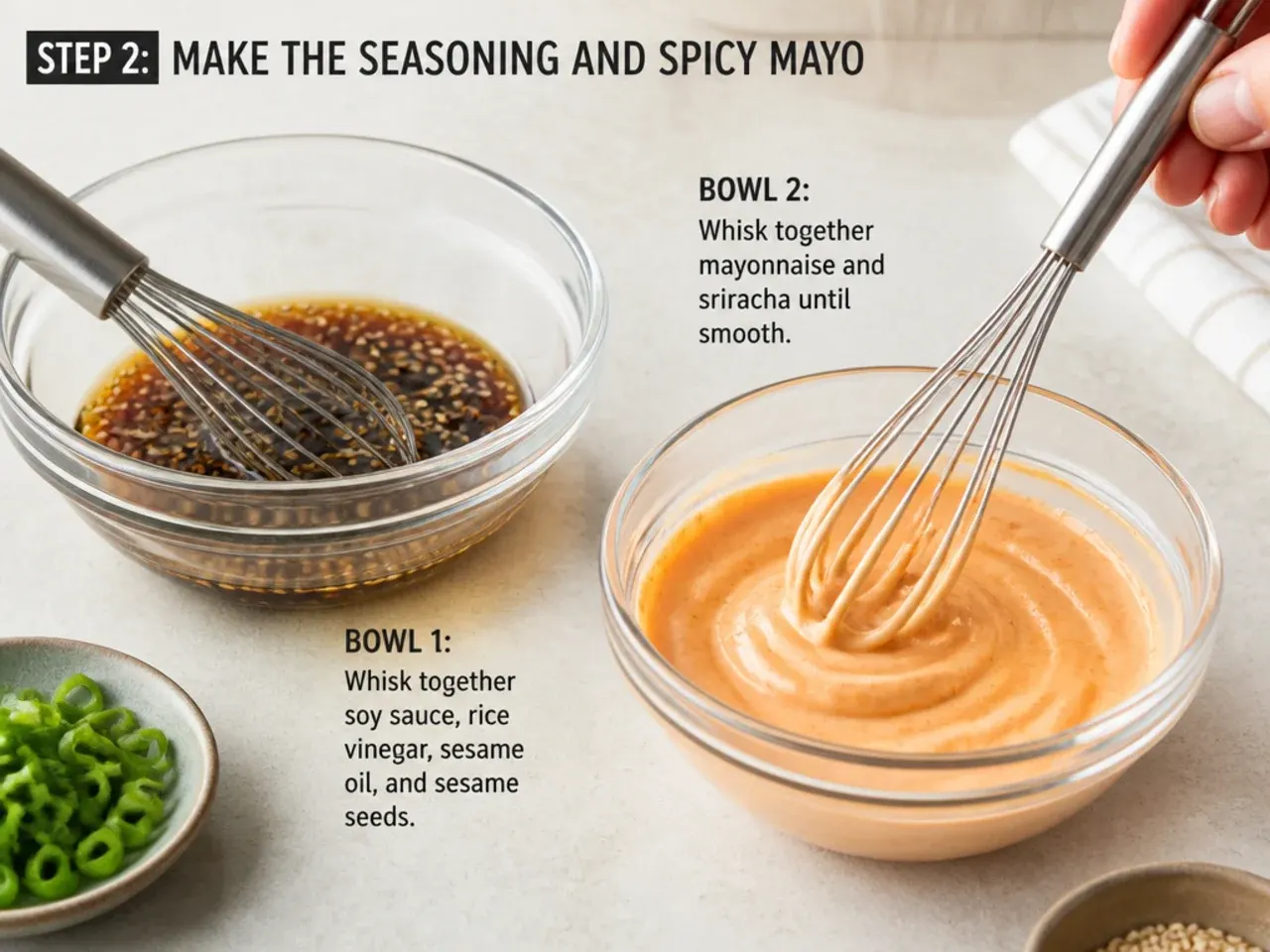 sushi bowl how to — step 2: make the seasoning and spicy mayo