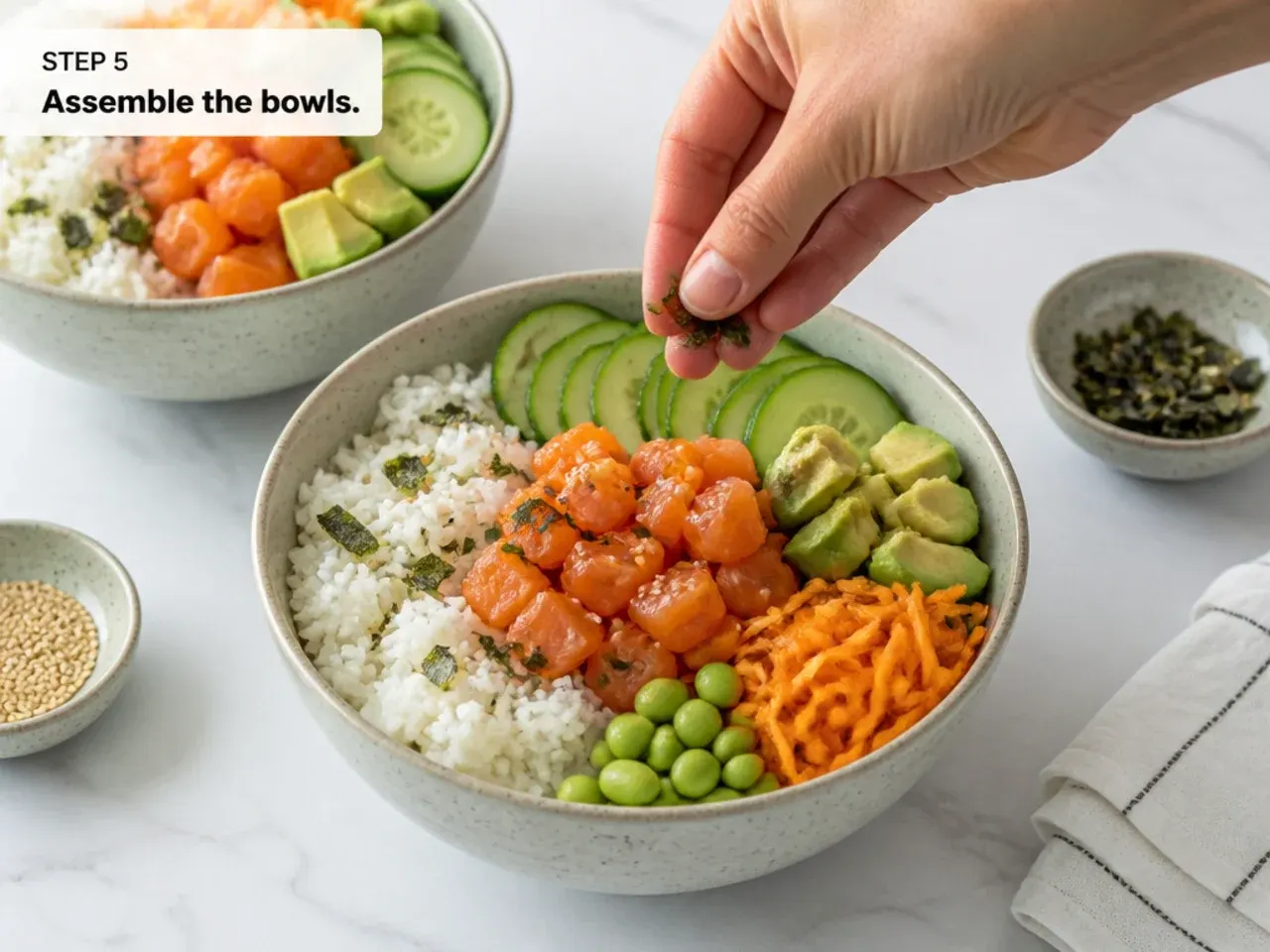 sushi bowl how to — step 5: assemble the bowls