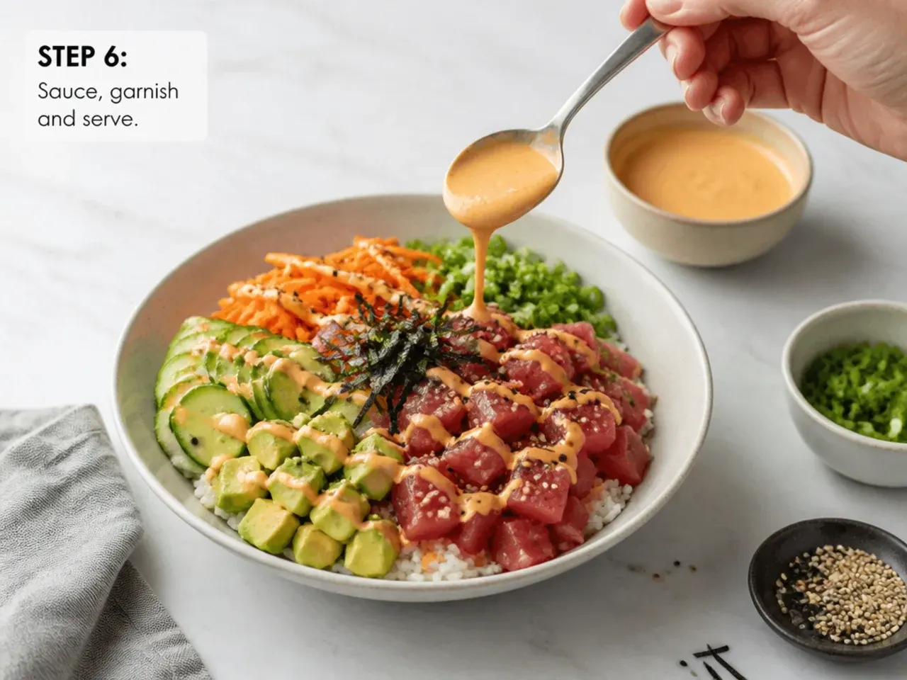 sushi bowl how to — step 6: sauce, garnish and serve