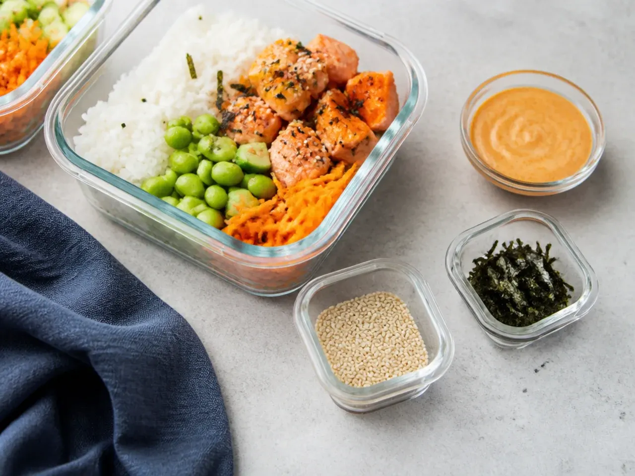 Sushi bowl meal prep containers with rice, vegetables and sauce packed separately, showing how to store a sushi bowl for make-ahead lunches