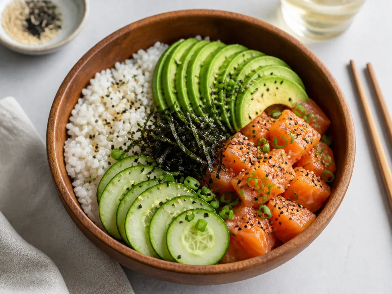 Colorful homemade sushi bowl ideas with seasoned rice, salmon, avocado, and cucumber