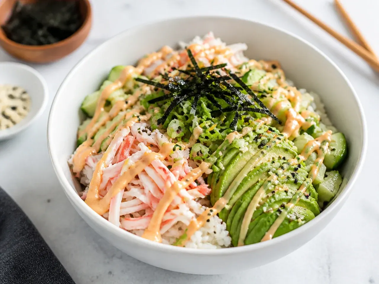 California roll sushi bowl idea with imitation crab, avocado, and cucumber over rice