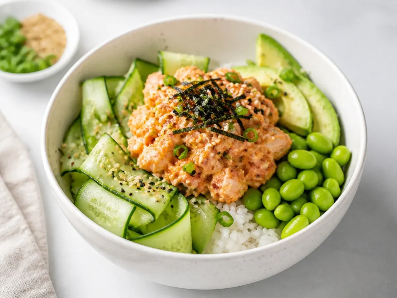 Easy spicy mayo canned tuna sushi bowl idea with edamame and cucumber