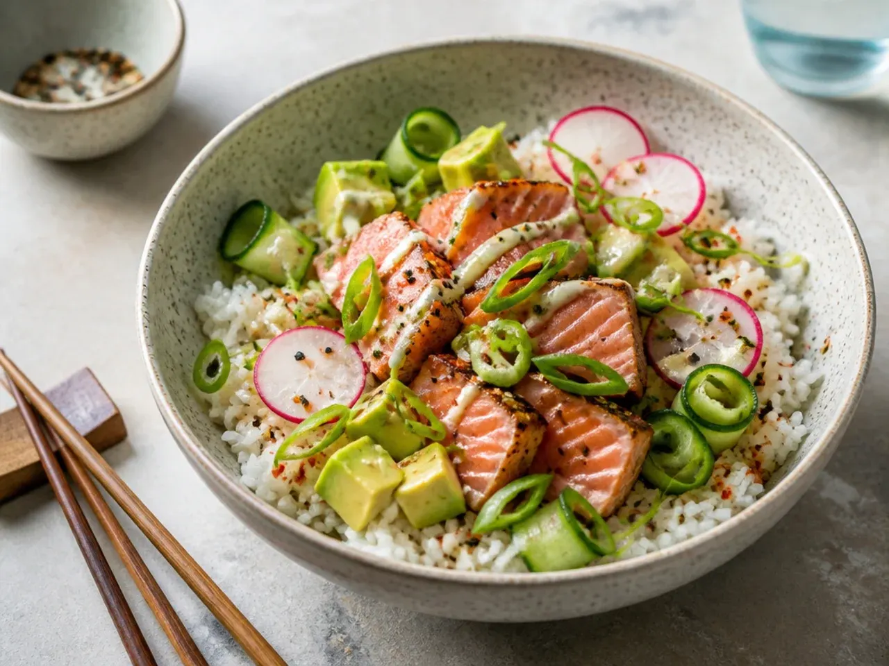 Elegant seared salmon poke-style sushi bowl idea with radish and scallion