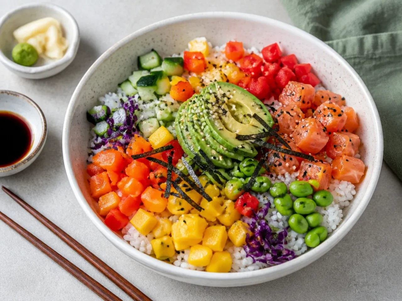 Playful rainbow confetti veggie sushi bowl idea with diced peppers and mango