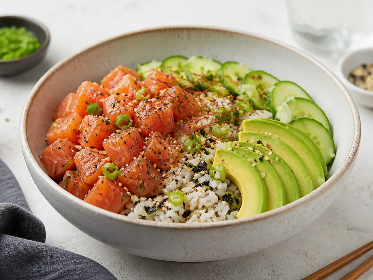 Modern deconstructed spicy salmon poke sushi bowl idea with avocado and cucumber