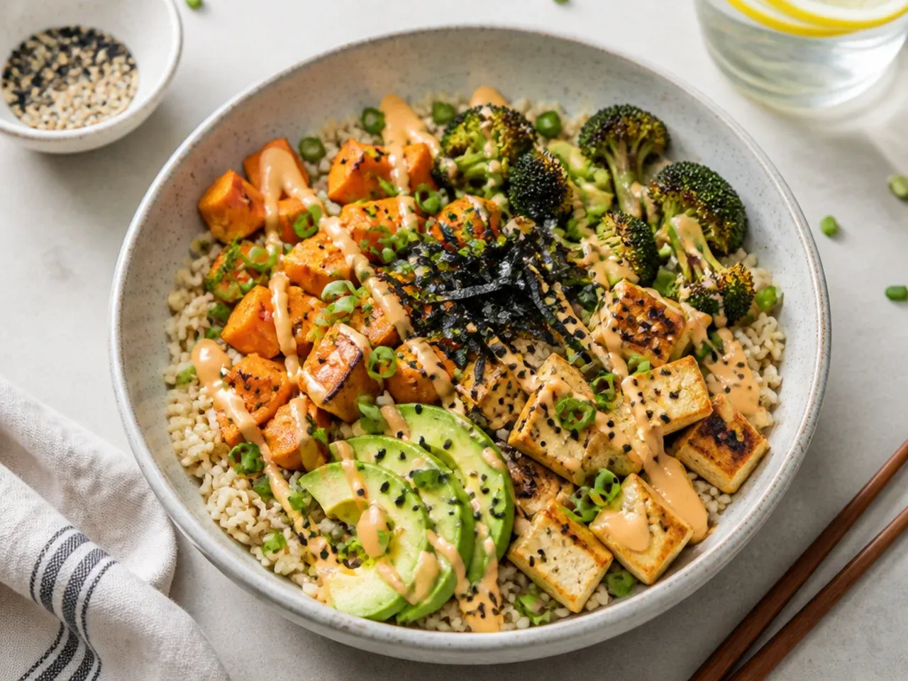 Rustic brown rice sushi bowl idea with roasted sweet potato, broccoli, and tofu