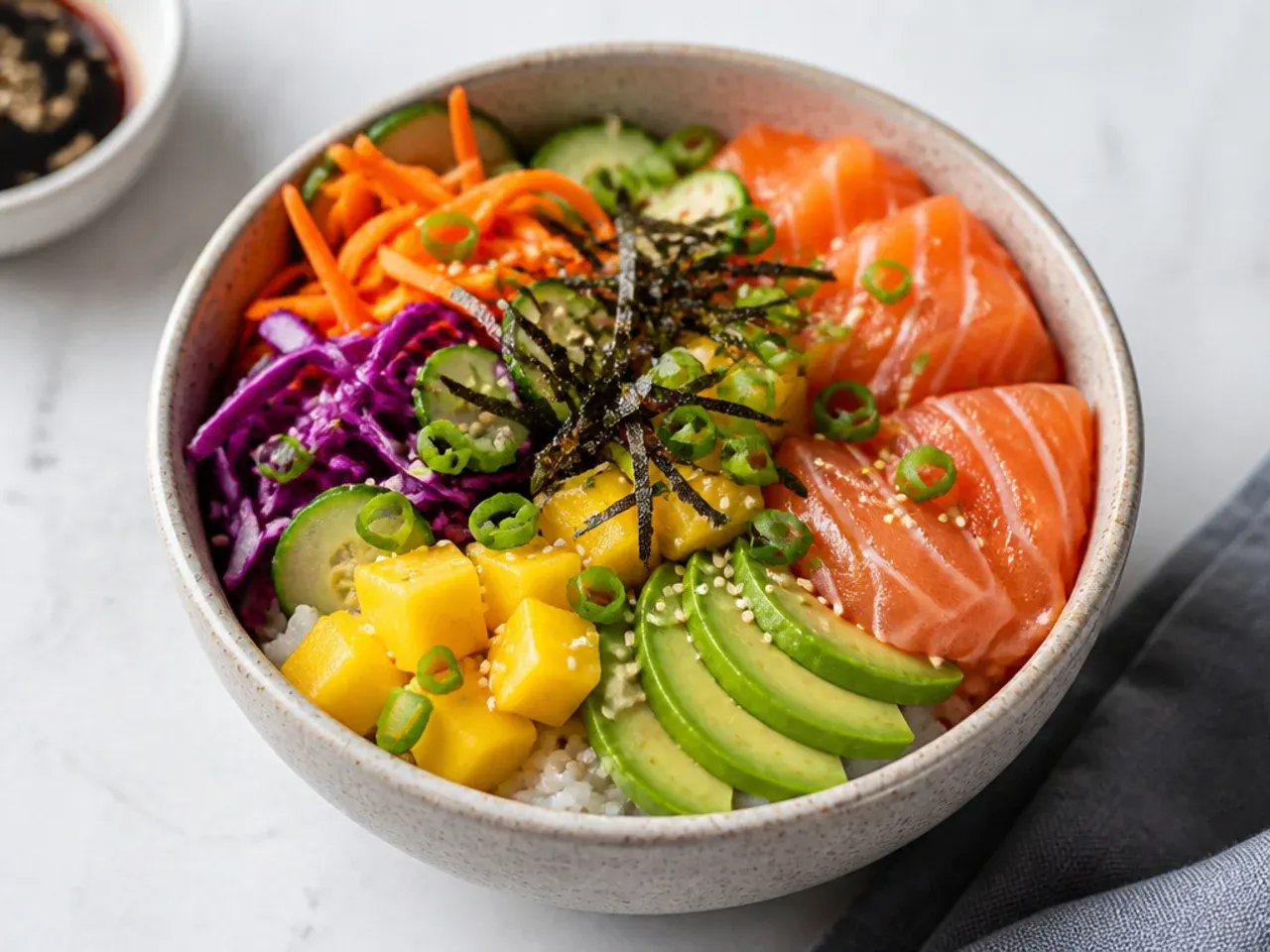 Colorful rainbow sushi bowl idea with striped salmon, avocado, mango, and cabbage