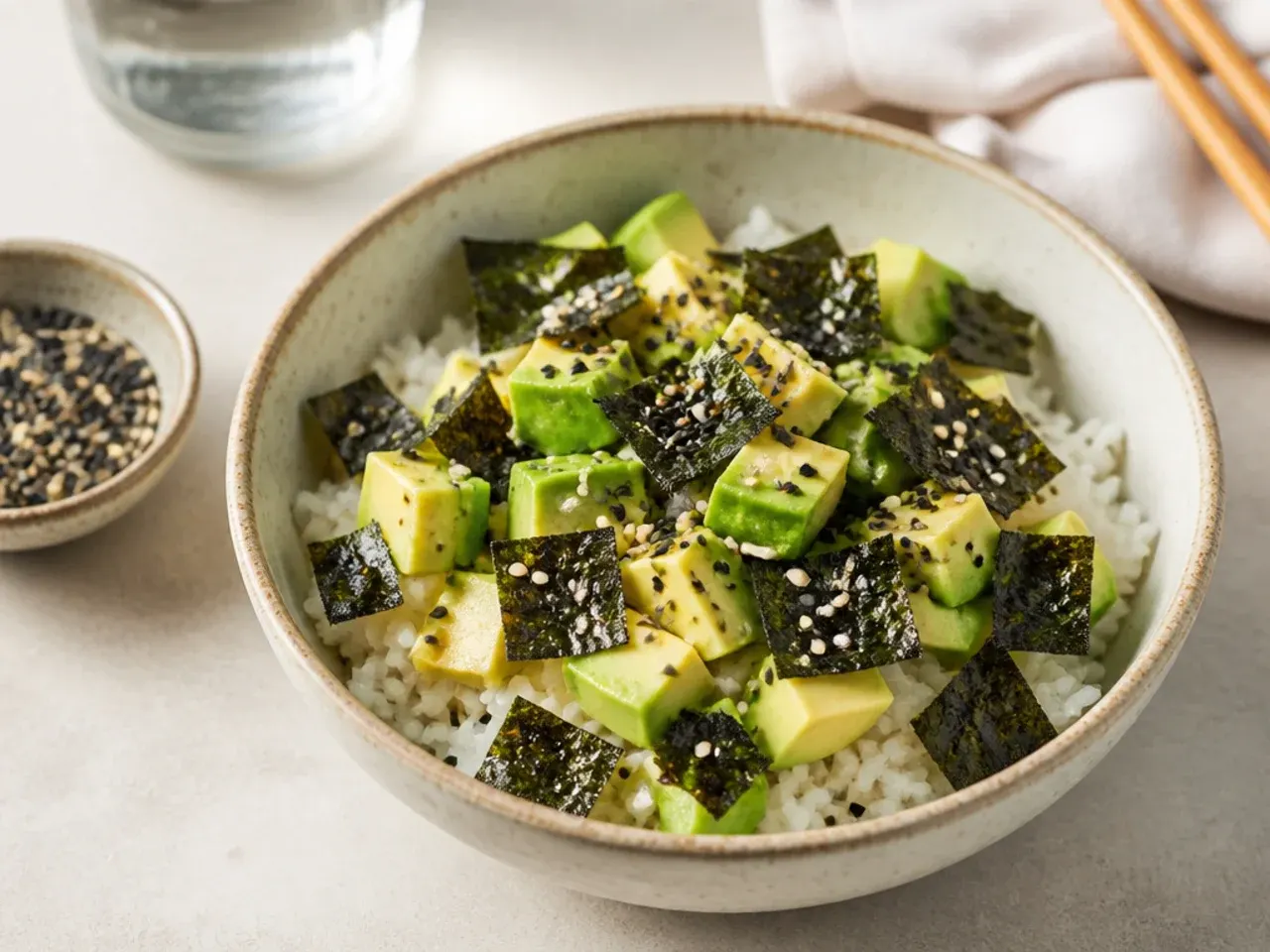 Minimal avocado and nori sushi bowl idea with sesame seeds over rice