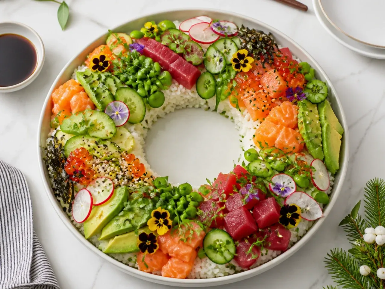 Festive holiday sushi bowl platter idea arranged in a wreath for a party