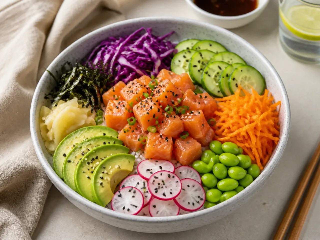 Whimsical bento-style sushi bowl idea with sectioned toppings for lunch
