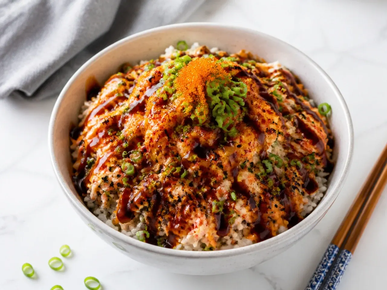 Bold volcano spicy baked crab sushi bowl idea with eel sauce and green onion