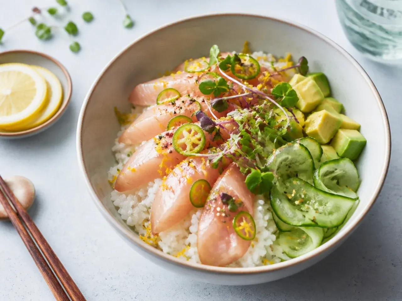 Delicate hamachi yellowtail sushi bowl idea with yuzu, jalapeno, and microgreens