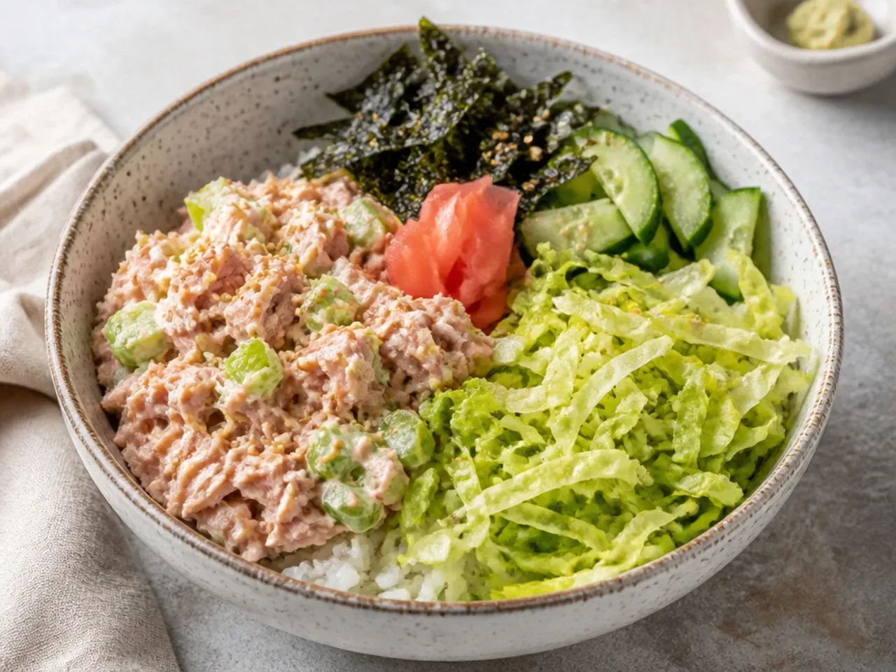 Vintage tuna-mayo diner-style sushi bowl idea with celery and shredded lettuce