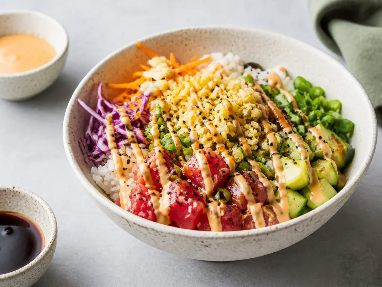 Creative sushi burrito bowl idea with tempura flakes, cabbage, and two sauces