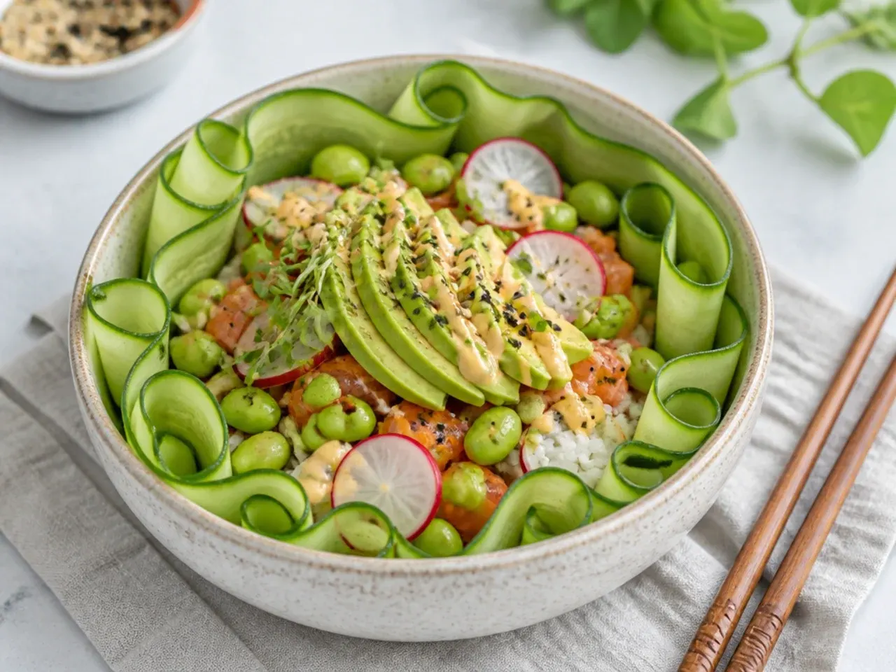 Charming cucumber-ribbon-lined garden sushi bowl idea with radish and edamame