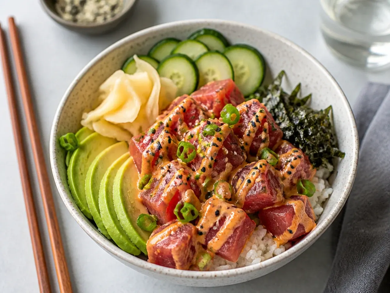 Classic spicy tuna sushi bowl idea with creamy sriracha mayo and green onion