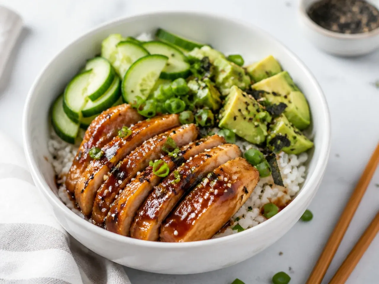 Easy teriyaki chicken sushi bowl idea with glazed chicken, cucumber, and avocado