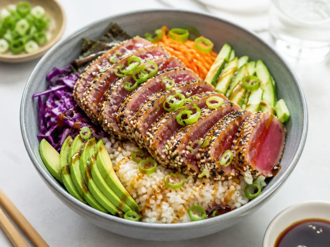 Elegant sesame-crusted tuna tataki sushi bowl idea with ponzu drizzle