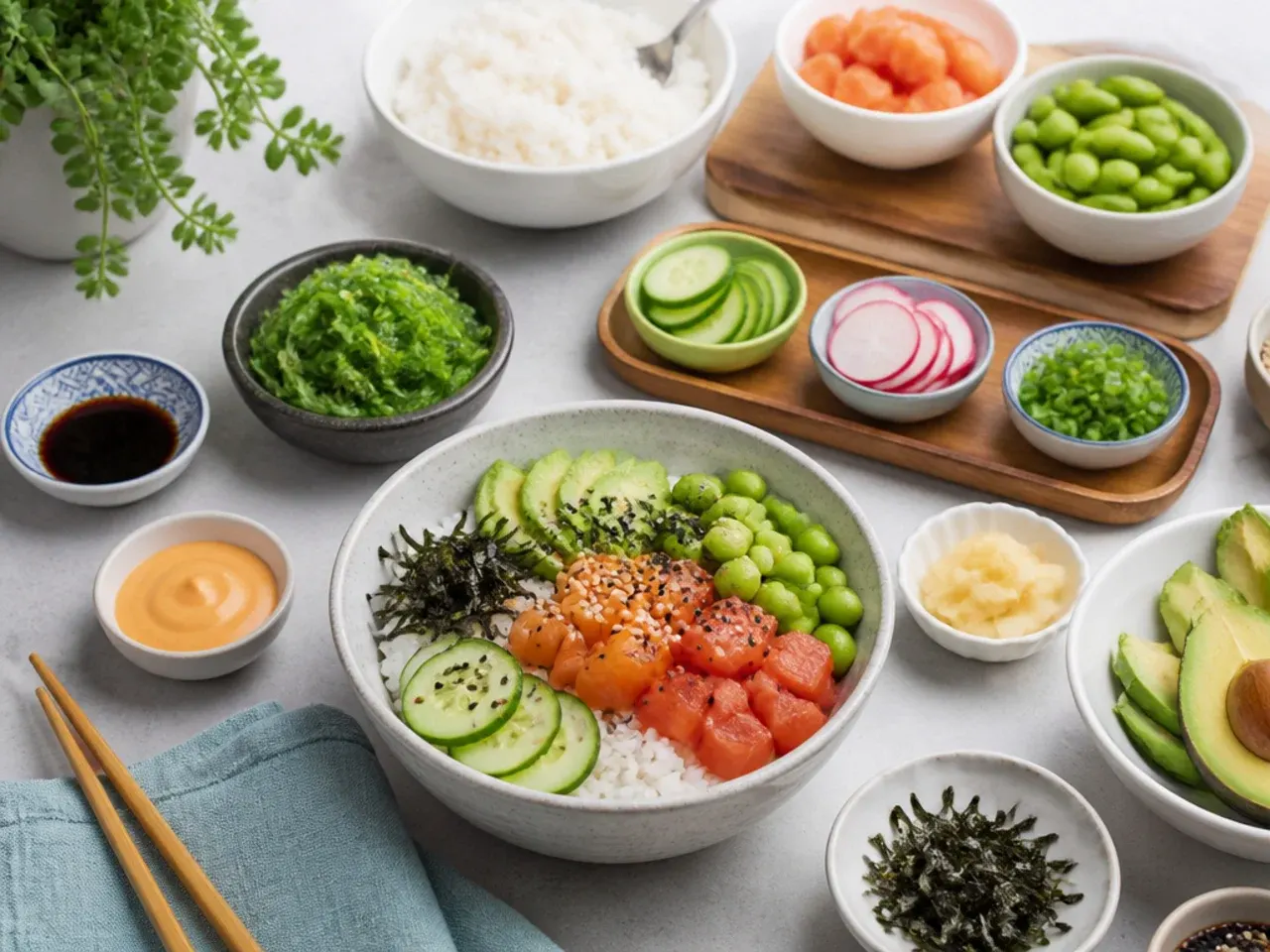 Playful build-your-own sushi bowl bar idea with toppings in small dishes