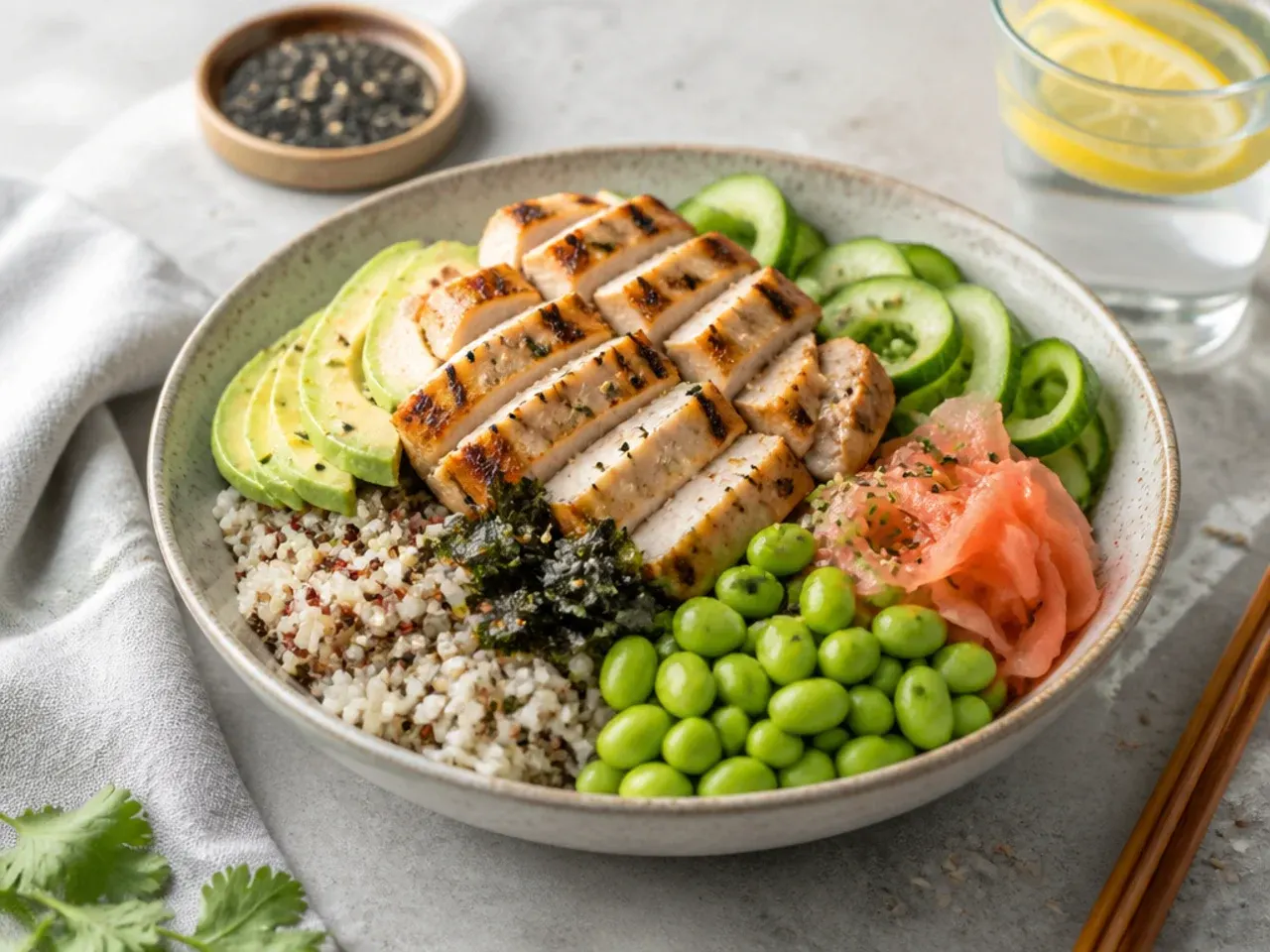 Modern quinoa and rice protein sushi bowl idea with grilled chicken and edamame