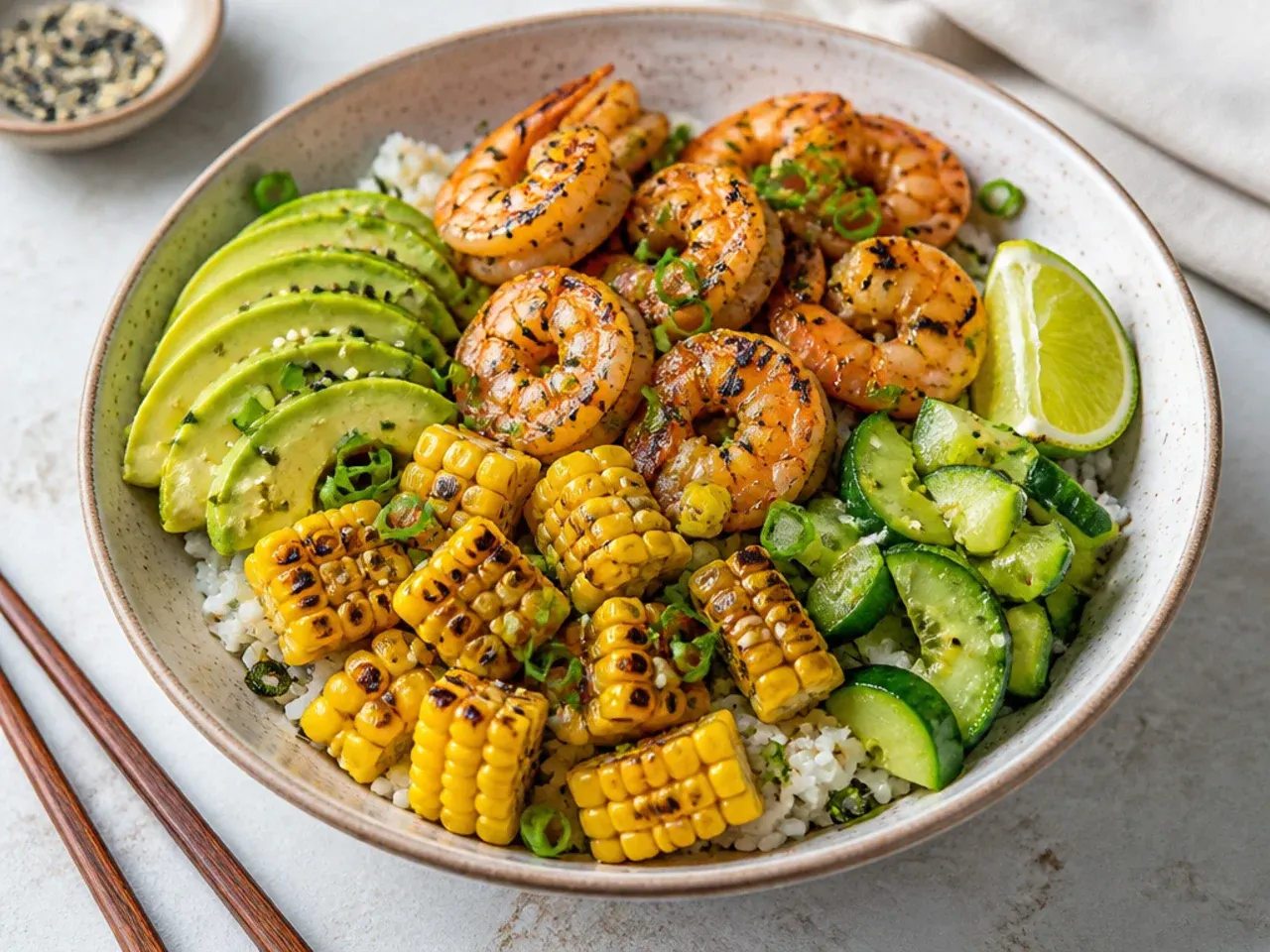 Rustic grilled shrimp and charred corn sushi bowl idea with lime and scallion