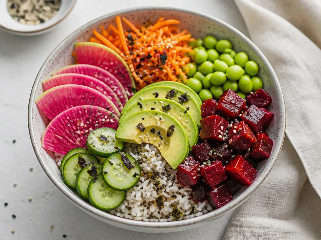Colorful vegan sushi bowl idea with beets, watermelon radish, and carrot ribbons