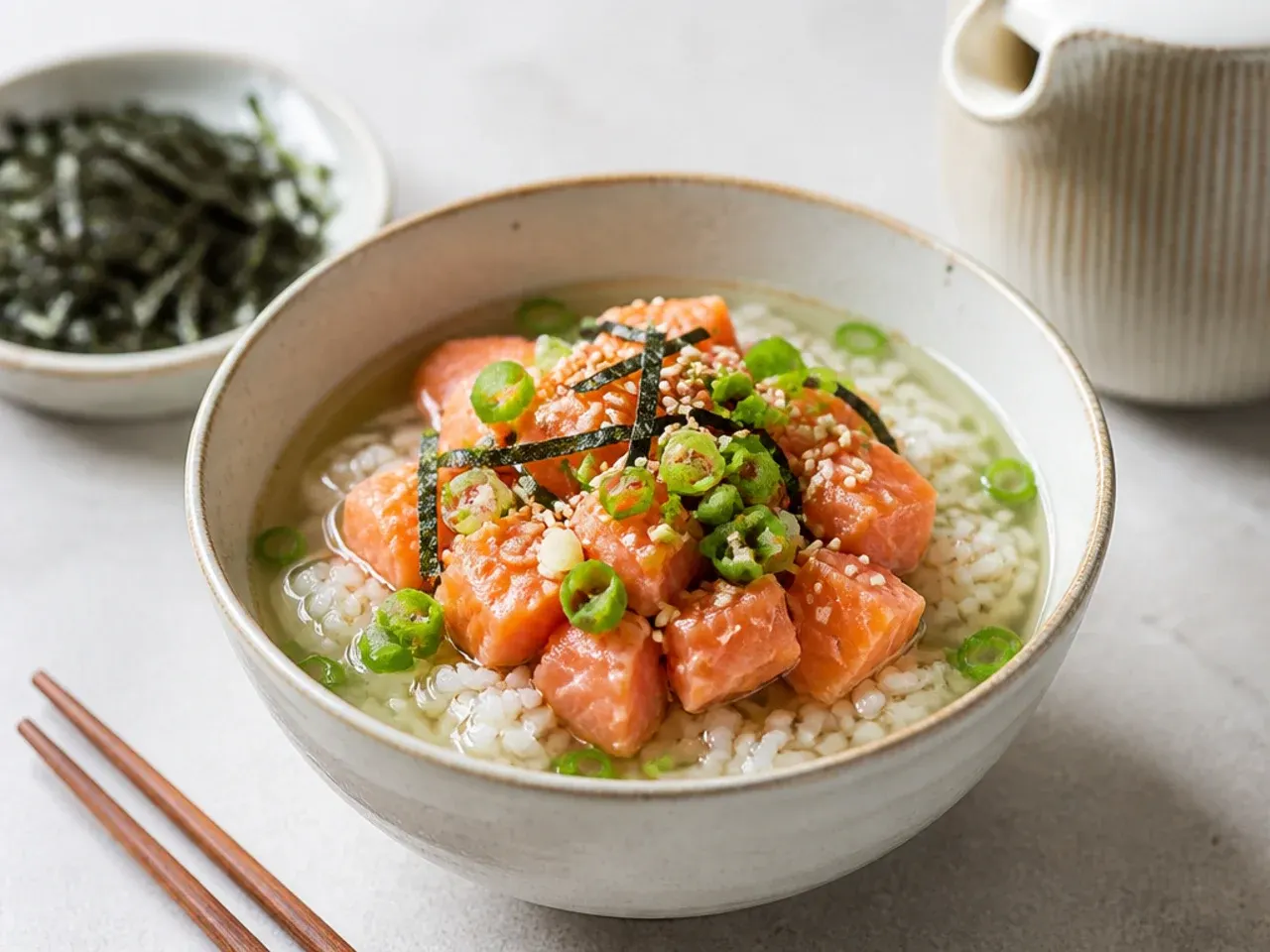 Minimal warm salmon ochazuke-style sushi bowl idea with broth poured over rice