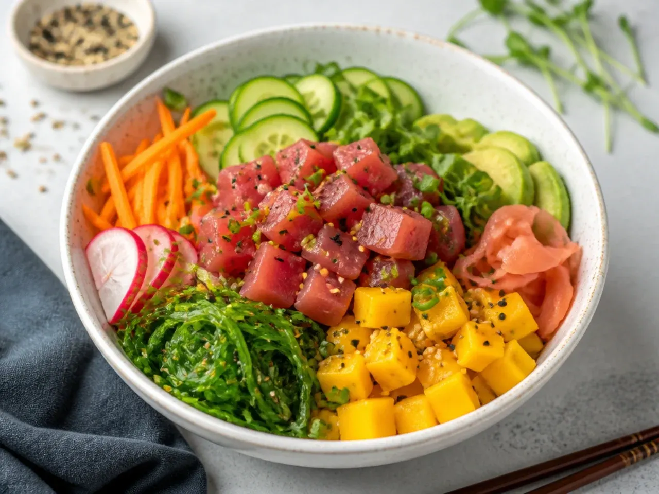 Festive poke party sushi bowl idea for a crowd with tuna, mango, and seaweed salad