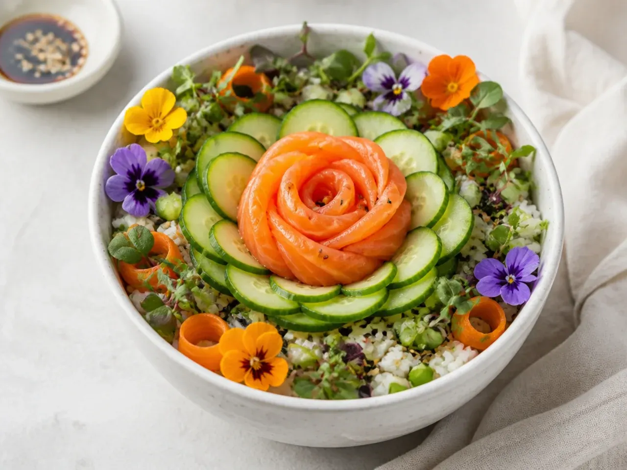 Whimsical flower-garden sushi bowl idea with a salmon rose and cucumber petals