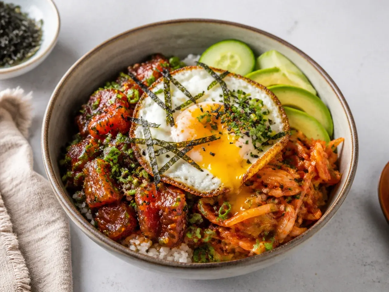 Bold kimchi and gochujang fusion sushi bowl idea with a runny fried egg