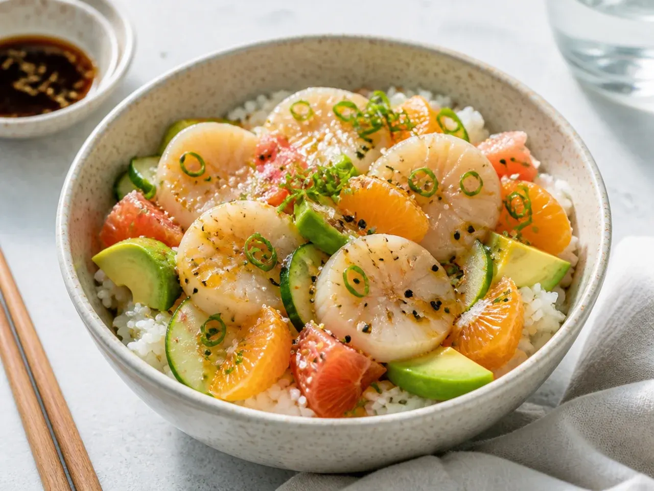 Delicate scallop and citrus sushi bowl idea with ponzu and flaky salt