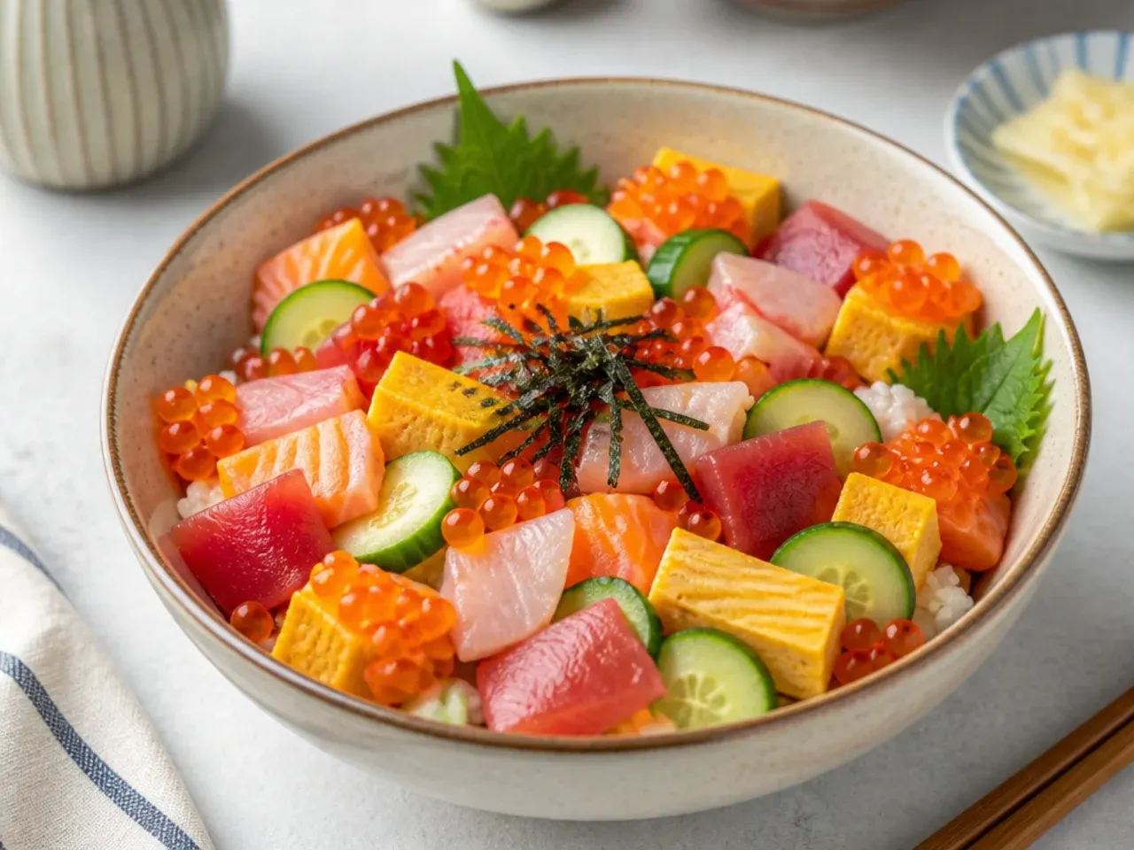 Vintage chirashi-style scattered sushi bowl idea with sashimi, tamago, and ikura