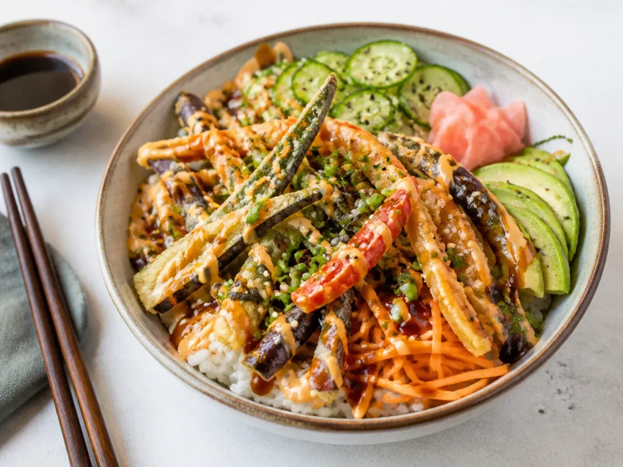 Creative crunchy tempura vegetable sushi bowl idea with eel sauce and spicy mayo