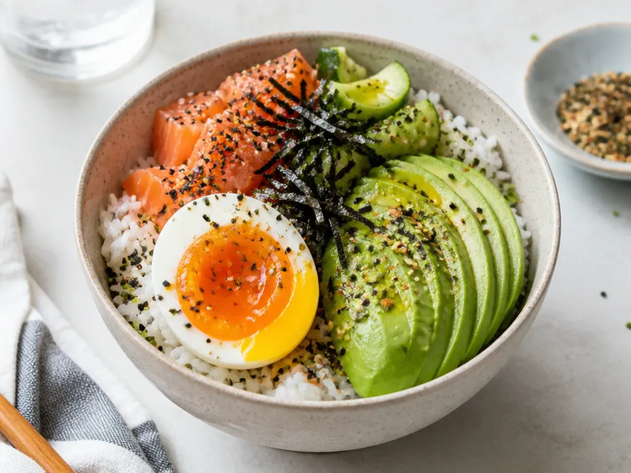 Charming breakfast sushi bowl idea with a jammy egg, avocado, and furikake