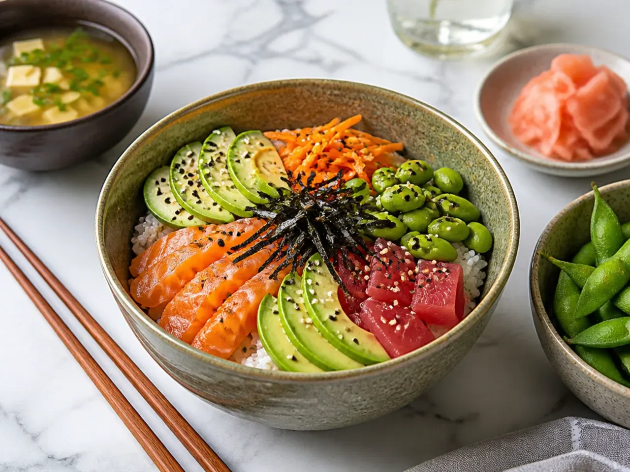 Sushi bowl idea served with miso soup, pickled ginger, and edamame on the side