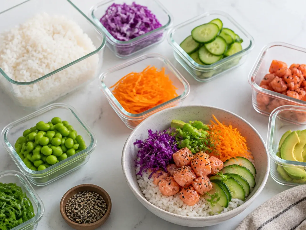 Sushi bowl ideas meal prep with rice and toppings stored in separate containers