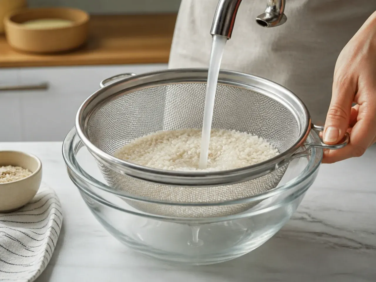 sushi bowl meal prep — step 1: rinse the rice